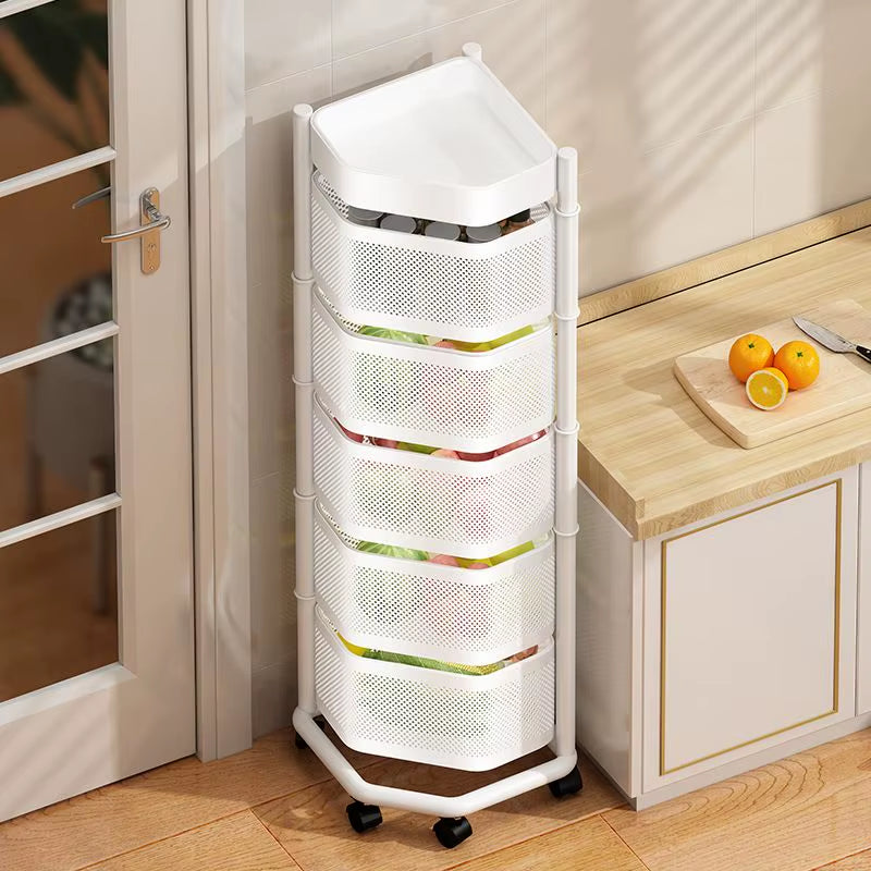 360 Rotating Storage Basket Trolley Multi-Storey Rack Metal Kitchen Corner Storage Shelf Fruit Vegetable Organizer with Wheel