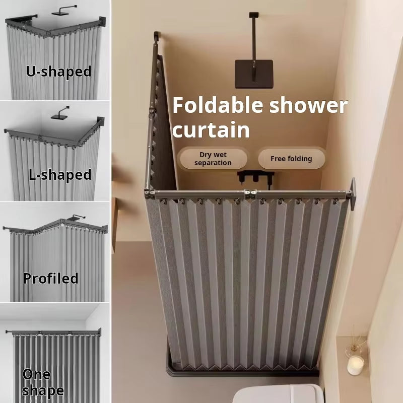 Foldable Shower Curtain Rod Set, Invisible Bathroom Partition Waterproof, Premium Dry-Wet Separation with Grommets
