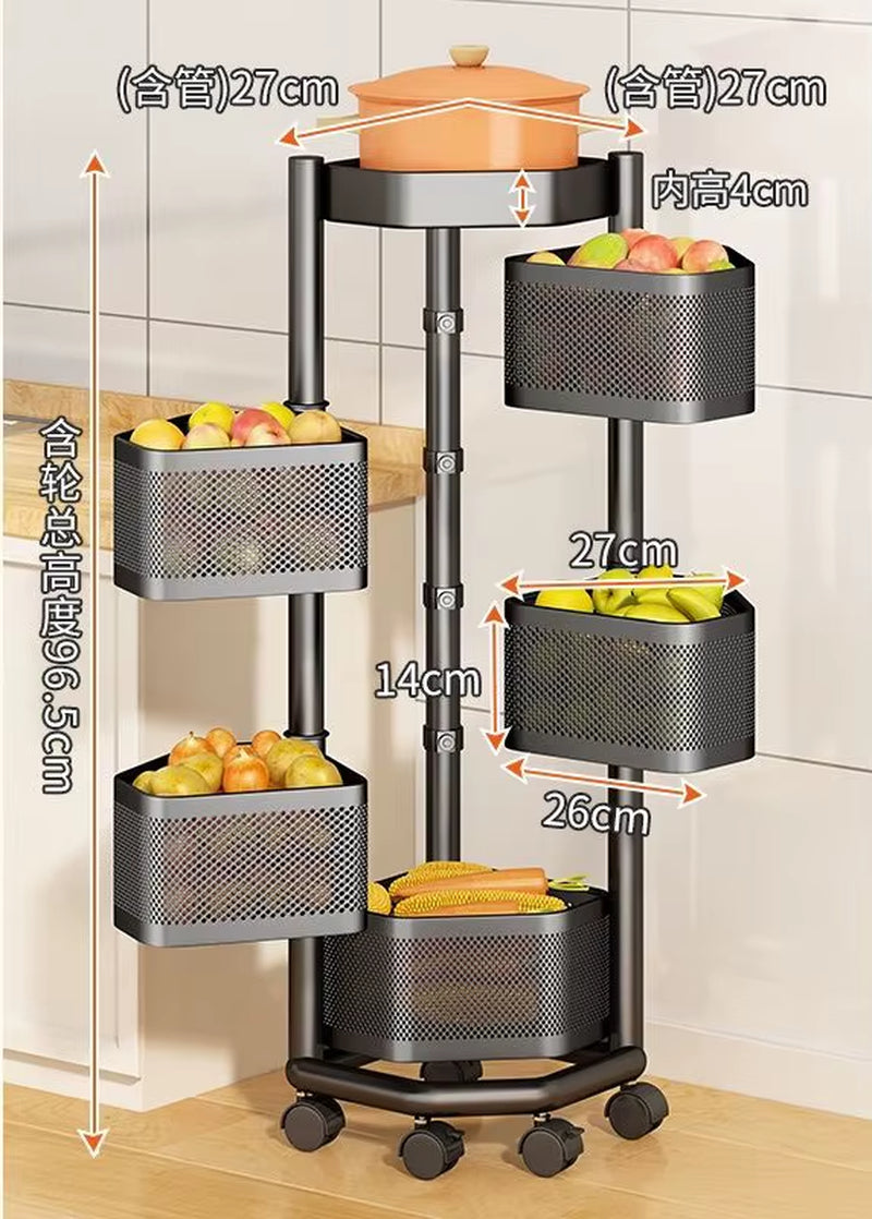 360 Rotating Storage Basket Trolley Multi-Storey Rack Metal Kitchen Corner Storage Shelf Fruit Vegetable Organizer with Wheel