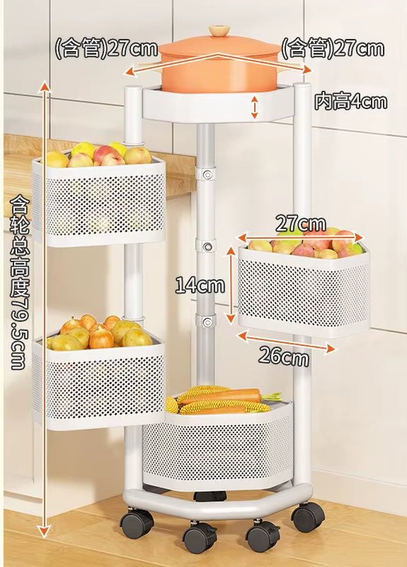 360 Rotating Storage Basket Trolley Multi-Storey Rack Metal Kitchen Corner Storage Shelf Fruit Vegetable Organizer with Wheel