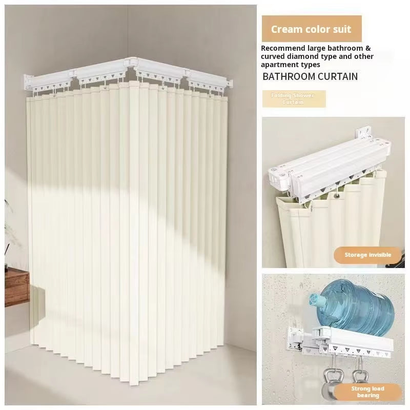 Foldable Shower Curtain Rod Set, Invisible Bathroom Partition Waterproof, Premium Dry-Wet Separation with Grommets
