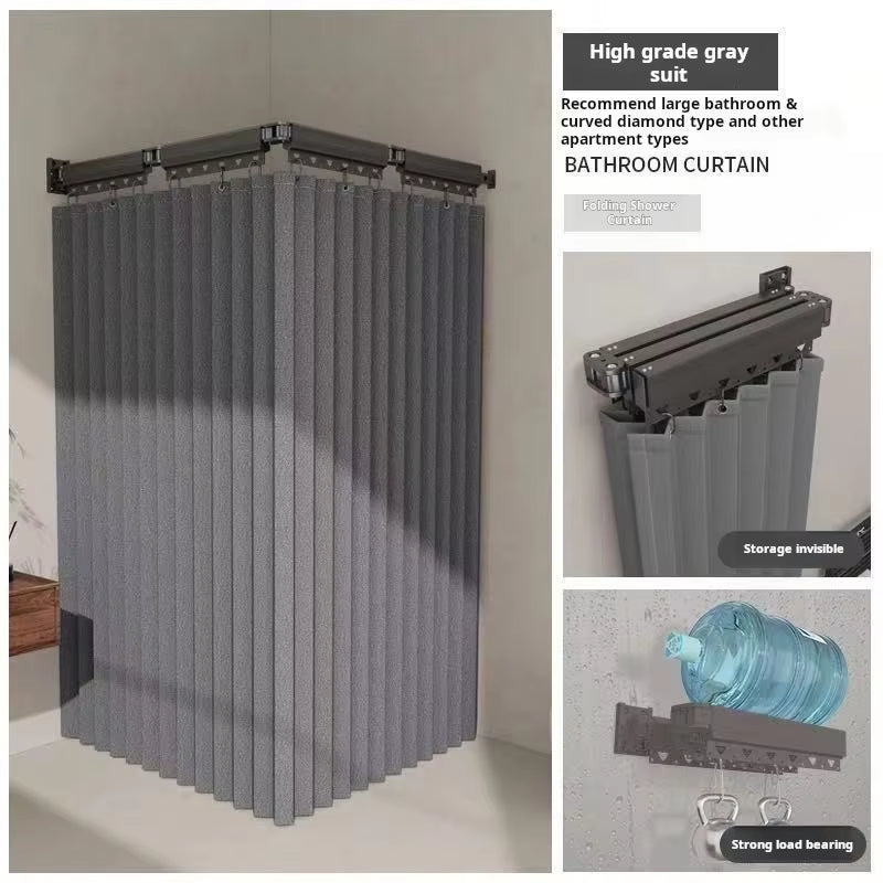 Foldable Shower Curtain Rod Set, Invisible Bathroom Partition Waterproof, Premium Dry-Wet Separation with Grommets