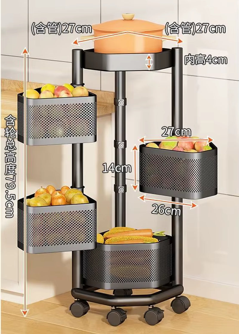 360 Rotating Storage Basket Trolley Multi-Storey Rack Metal Kitchen Corner Storage Shelf Fruit Vegetable Organizer with Wheel