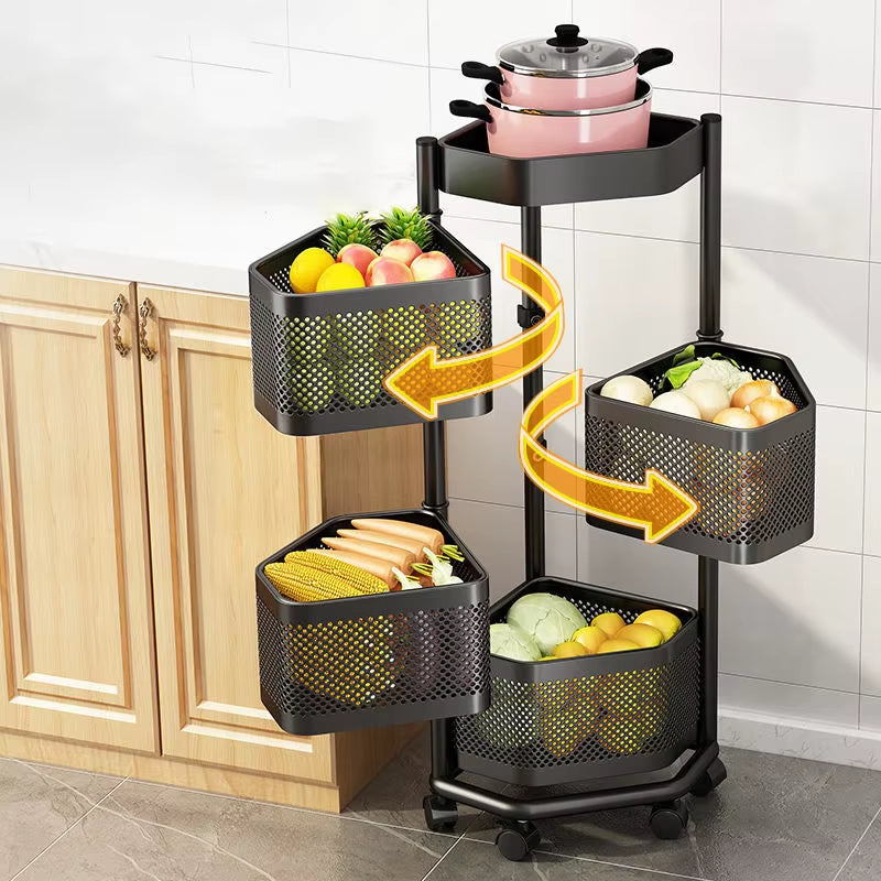 360 Rotating Storage Basket Trolley Multi-Storey Rack Metal Kitchen Corner Storage Shelf Fruit Vegetable Organizer with Wheel