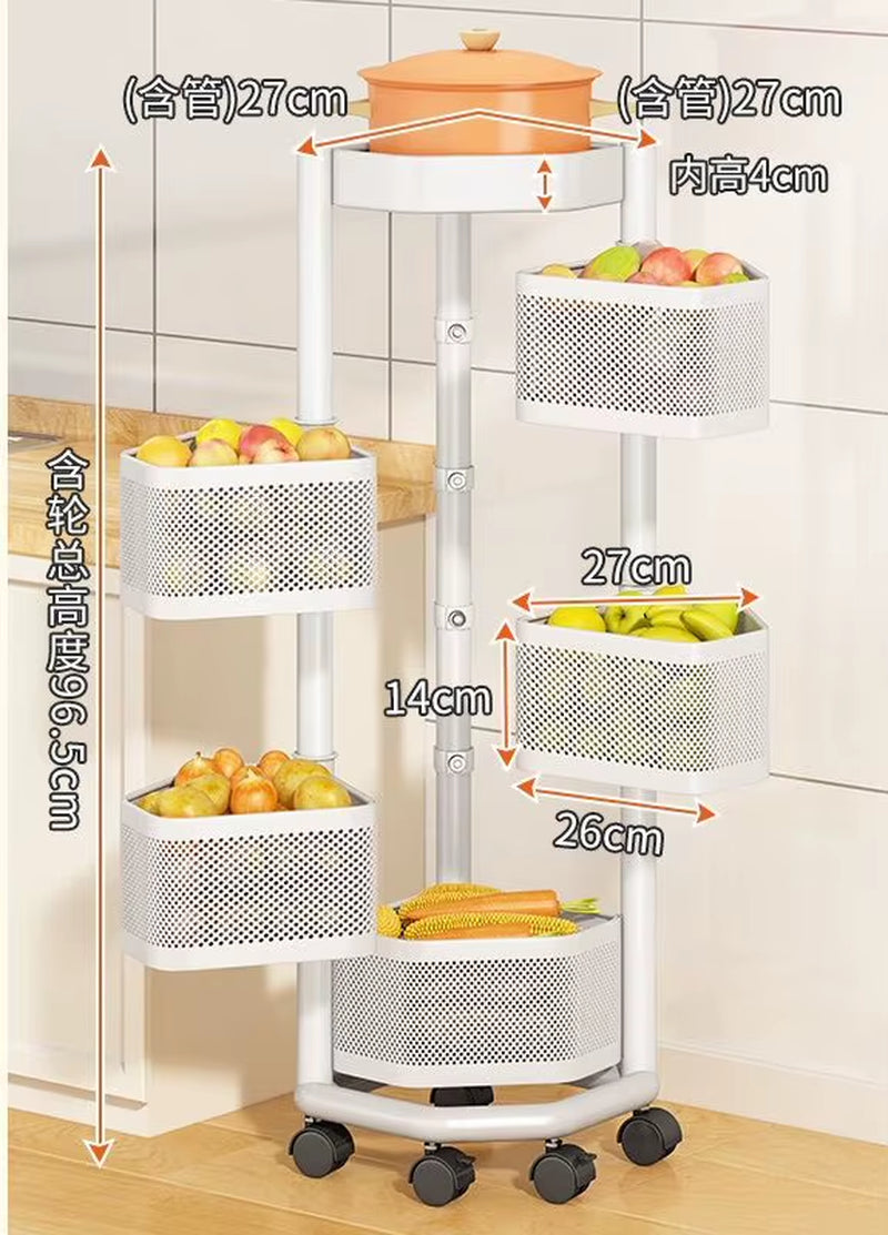 360 Rotating Storage Basket Trolley Multi-Storey Rack Metal Kitchen Corner Storage Shelf Fruit Vegetable Organizer with Wheel