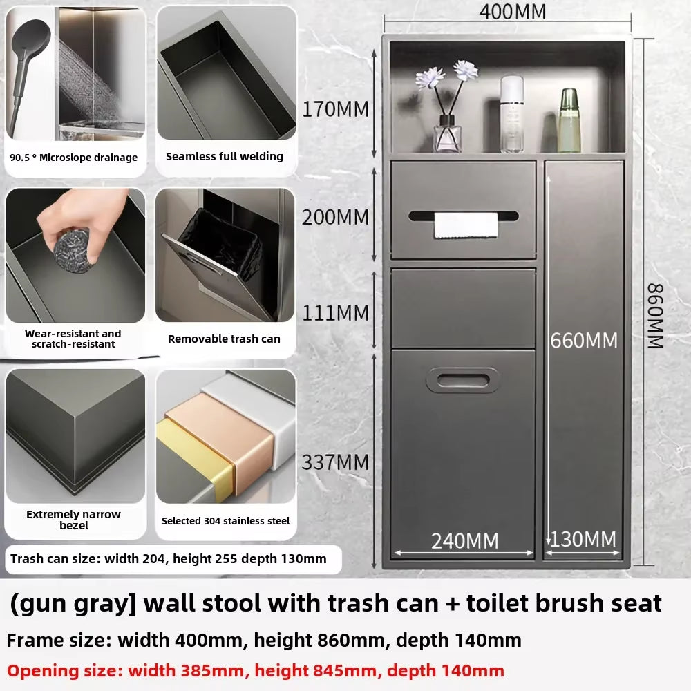 Toilet Inserted Cabinet Stainless Steel Inserted Toilet Niche Inserted Toilet Brush Multifunctional Trash Can Shelf